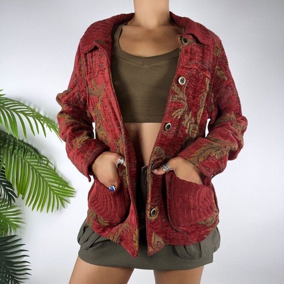 Vintage 90s Red Floral Bohemian Cottagecore Fairy Grunge Jacket Cardigan / S - Picture 3 of 7